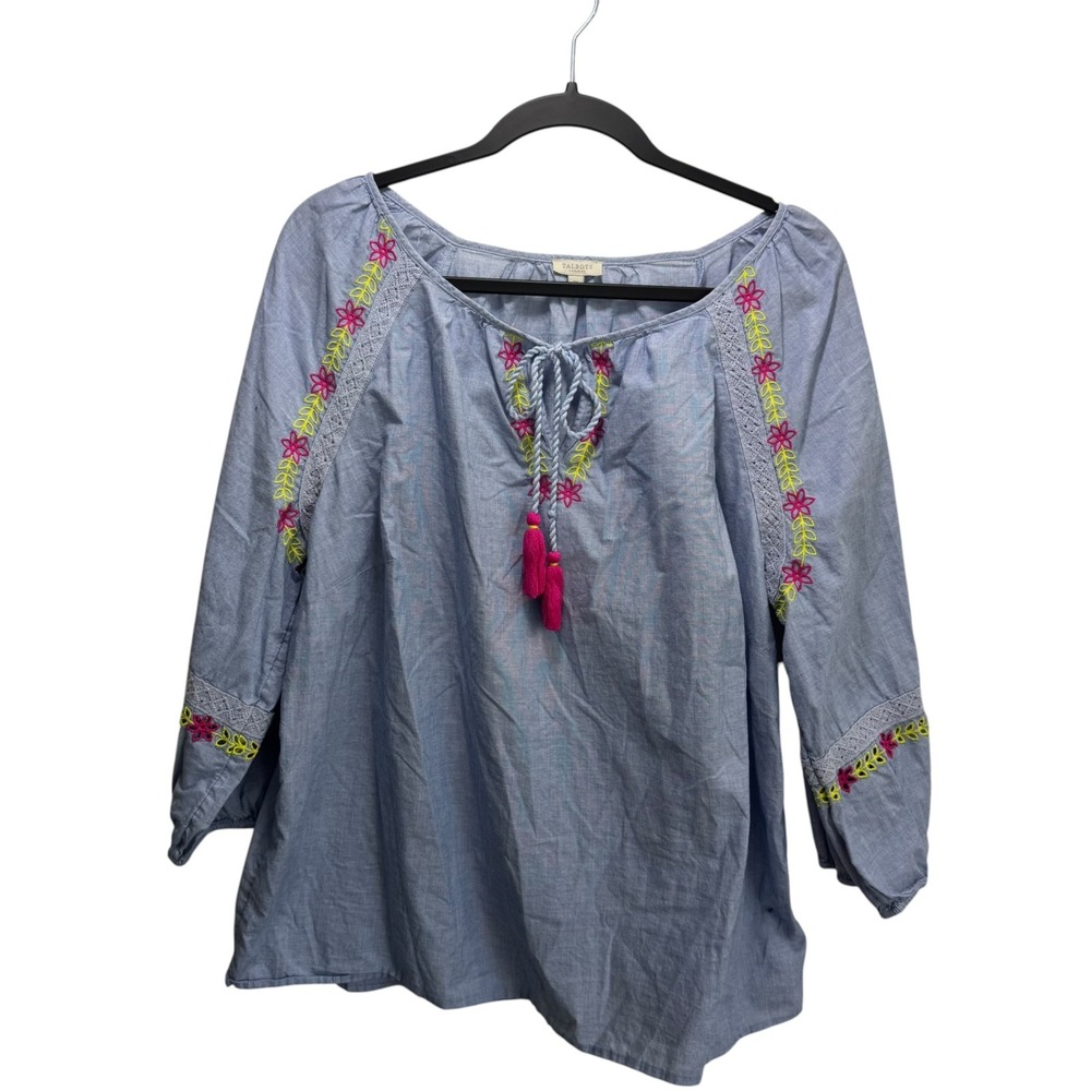 Talbots Embroidered Peasant Boho Tunic Top Sz 1X Tassel Tie Cotton Blue Festival